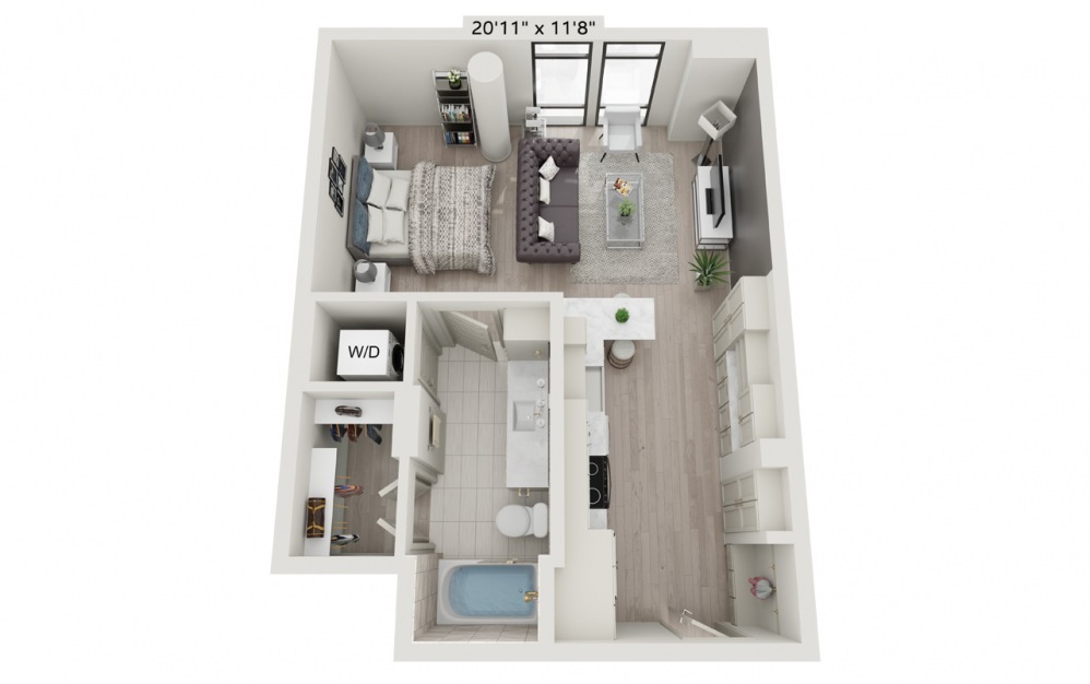 S1 - Studio floorplan layout with 1 bath and 588 square feet.