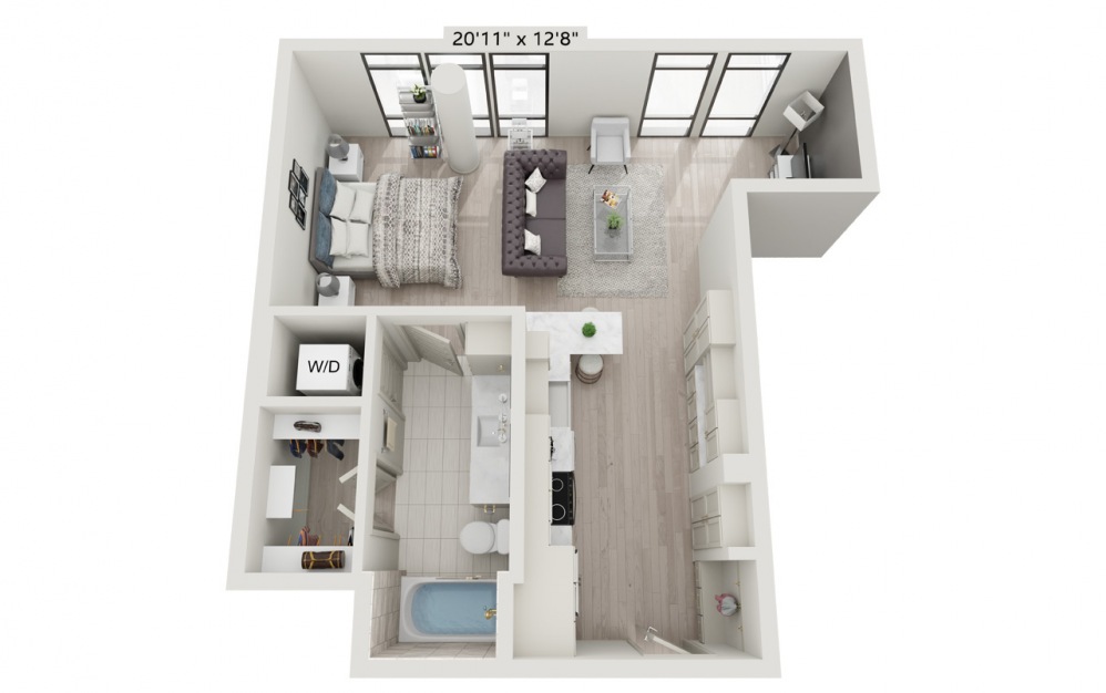 S3 - Studio floorplan layout with 1 bath and 635 square feet.